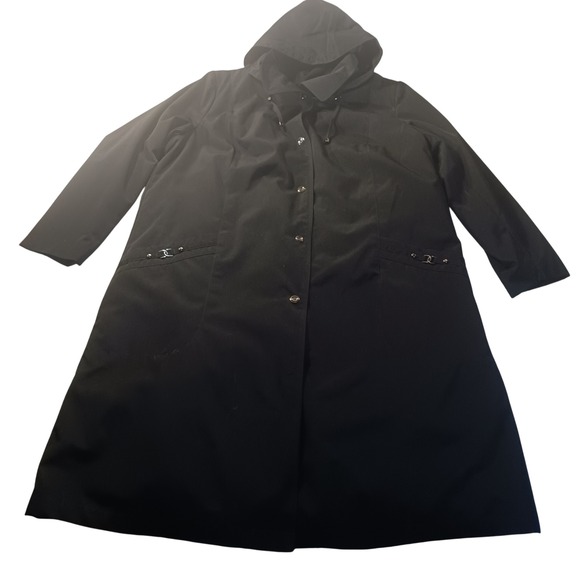 Catherines Hooded Long Raincoat Walker NWT Plus 1X 18/20W Black Snap Front - Picture 1 of 6